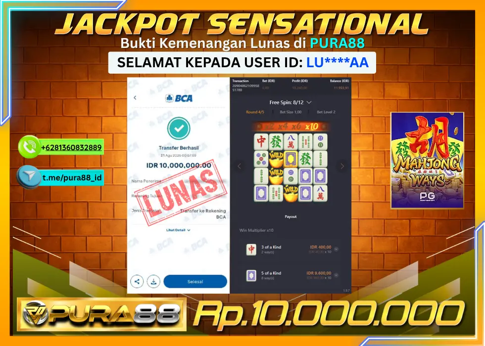 PURA88 JACKPOT MAHJONG WAYS Rp 10.000.000,- LUNAS